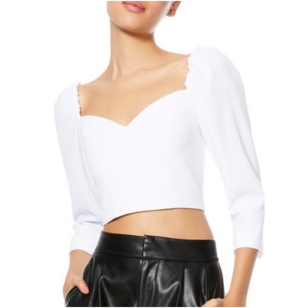Alice + Olivia SOLANGE PUFF SLEEVE CROP TOPβ Blouse Size 4 White NWT